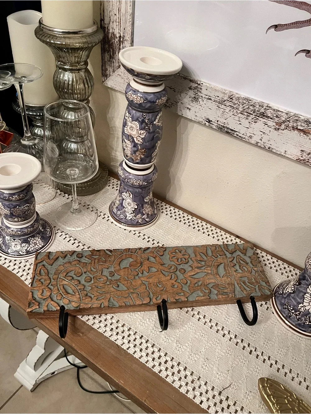 Handcrafted Floral Carved Wooden Wall Hook - Blue and Brown